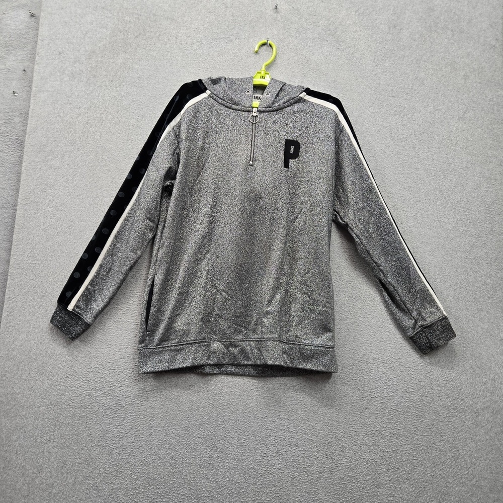 PINK Victoria's Secret Women Hoodie M Gray Polka Dot Metallic Velour Logo READ